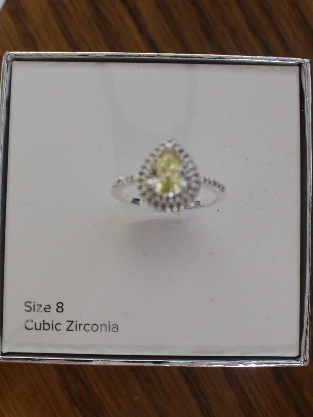 Yellow Pear Shaped Cubic Zirconia Halo Ring Silver Tone Size 8